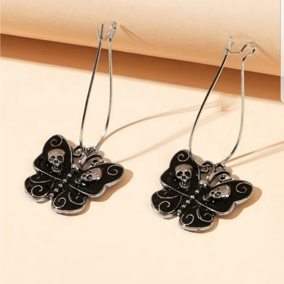 Black/Silver Butterfly Skull Dangle Earrings - Picture 2 of 4